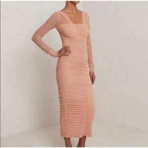 A.L.C. Jackie Tulle Mesh Long Sleeve Ruched Bodycon Midi Dress Nude ALC Medium